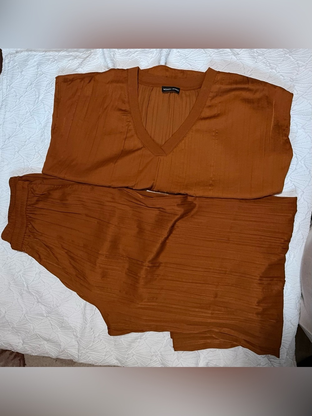 Women's V-Neck Ribbed Top and Skirt Set - Rust